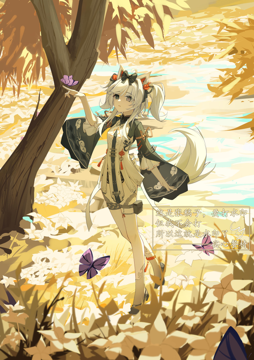 1girl absurdres ahoge animal_ears black_bow black_ribbon bow bug butterfly chinese_clothes commentary_request cross-shaped_pupils dress grey_hair hair_bow hair_ornament hair_ribbon high_heels highres layered_sleeves long_hair long_sleeves mechanical_ears no.21:_feral_scent_(punishing:_gray_raven) no.21_(punishing:_gray_raven) orange_pom_poms parted_lips pom_pom_(clothes) pom_pom_hair_ornament pouch punishing:_gray_raven purple_butterfly ribbon sidelocks symbol-shaped_pupils tail thigh-highs thigh_pouch thigh_strap translation_request two_side_up user_pwjc7347 white_dress wolf_ears wolf_tail