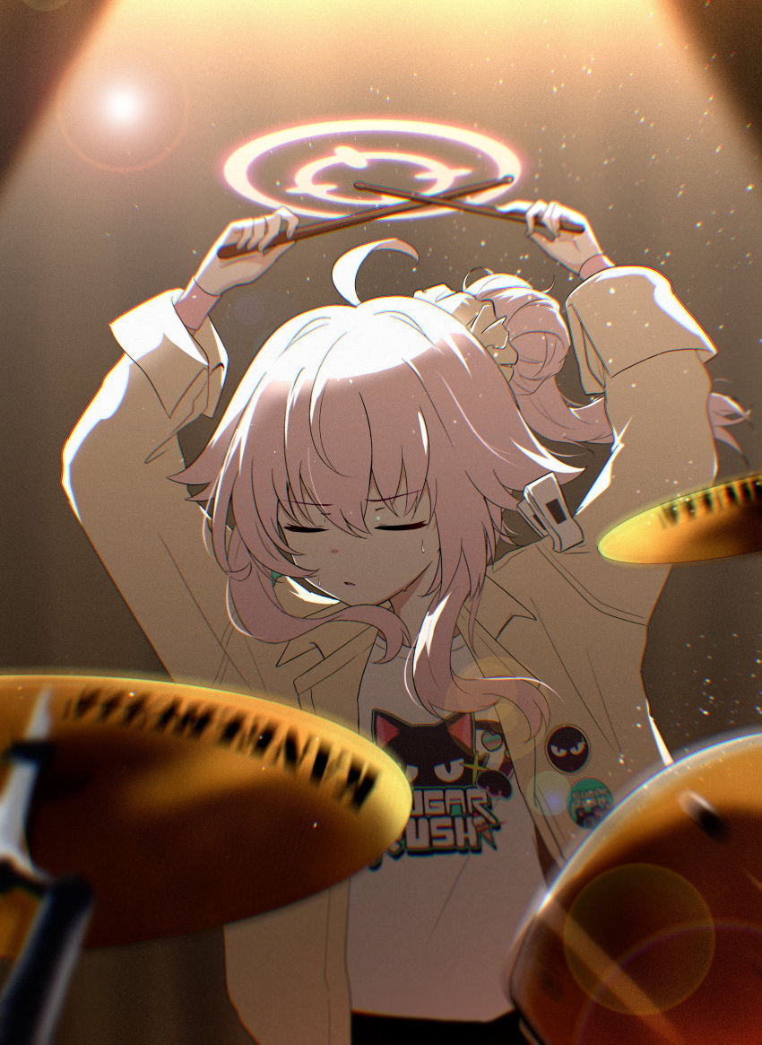 1girl absurdres ahoge arms_up blue_archive closed_eyes cymbals drumsticks floating_hair hair_bun hair_ornament hair_scrunchie halo highres holding holding_drumsticks instrument jacket kiroshi lens_flare long_hair music natsu_(band)_(blue_archive) natsu_(blue_archive) official_alternate_costume pink_hair pink_halo playing_instrument scrunchie shirt solo spotlight sweat upper_body white_shirt yellow_jacket