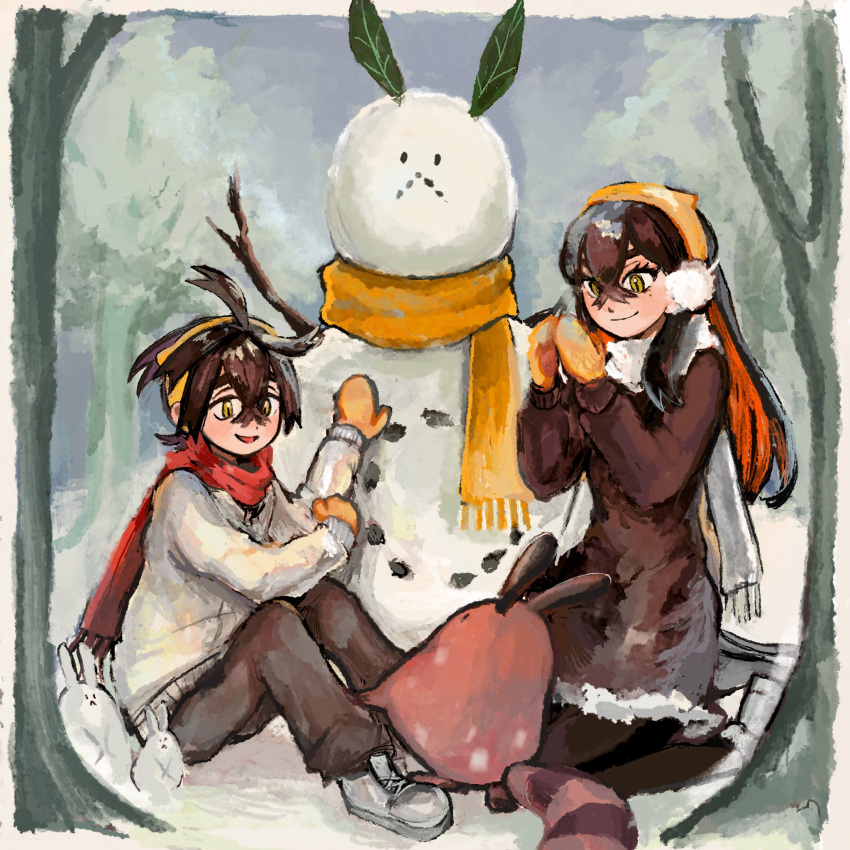 1boy 1girl black_hair black_pantyhose brother_and_sister carmine_(pokemon) coat crossed_bangs day earmuffs hairband highres jacket kieran_(pokemon) leaf long_hair long_sleeves mittens multicolored_hair open_mouth orange_scarf outdoors pantyhose pokemon pokemon_(creature) pokemon_sv red_scarf redhead scarf sentret shoes siblings sitting snow snowman tree white_footwear white_scarf winter winter_clothes wrozzii yellow_eyes