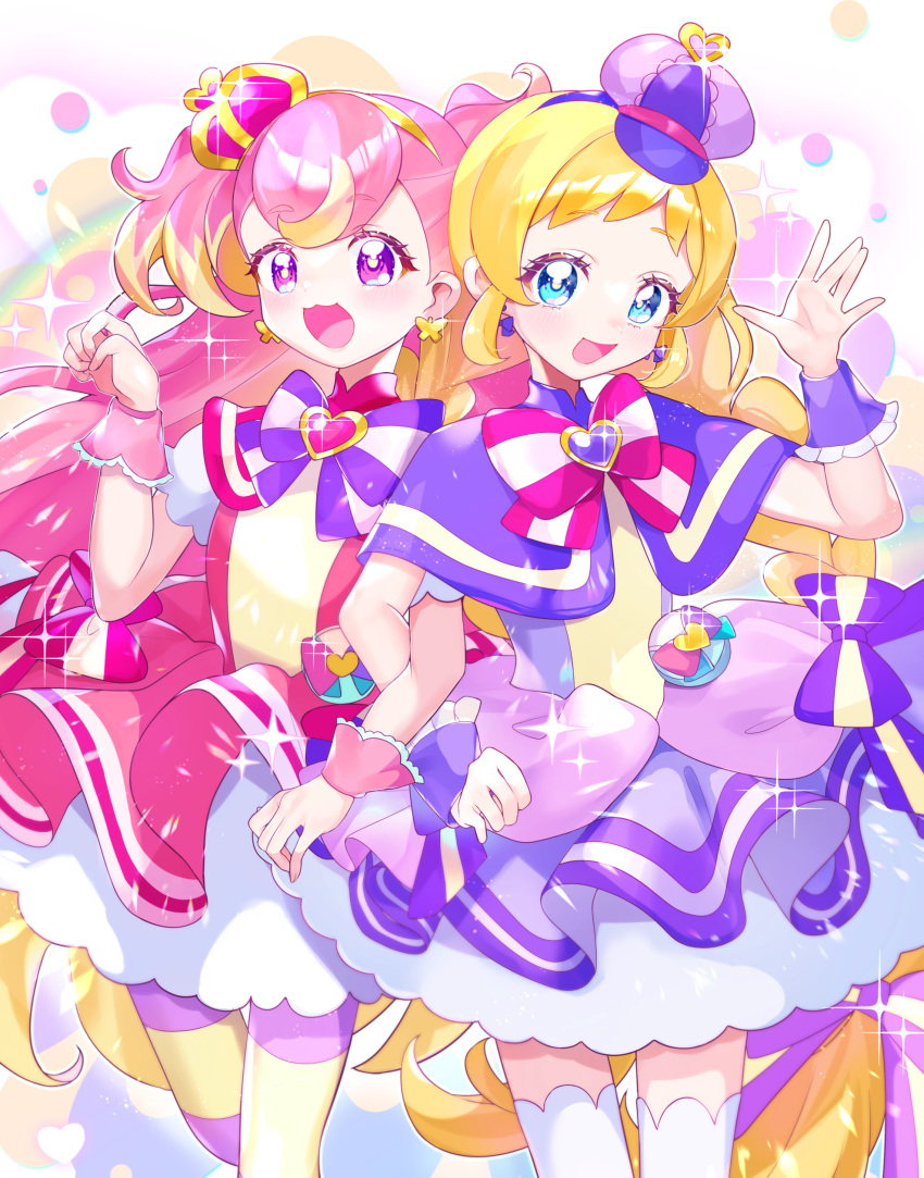 2girls :d abstract_background absurdres blonde_hair blue_eyes blush bow braid brooch capelet cowboy_shot crown cure_friendy cure_wonderful deerstalker dot_nose dress dress_bow earrings frilled_wrist_cuffs frills hair_bow hairband hat heart heart_brooch highres inukai_iroha inukai_komugi jewelry kumono_ame legs_together locked_arms long_hair looking_at_viewer magical_girl mini_crown mini_hat multicolored_background multicolored_bow multicolored_hair multicolored_pantyhose multiple_girls open_mouth pantyhose paw_pose petticoat pink_bow pink_dress pink_hair pink_wrist_cuffs precure purple_bow purple_capelet purple_dress purple_hairband purple_hat purple_wrist_cuffs short_dress sidelocks smile sparkle standing streaked_hair striped_bow striped_clothes striped_pantyhose symmetry thigh-highs tilted_headwear twin_braids two-tone_hair violet_eyes white_thighhighs wonderful_precure! wrist_cuffs yellow_hairband zettai_ryouiki