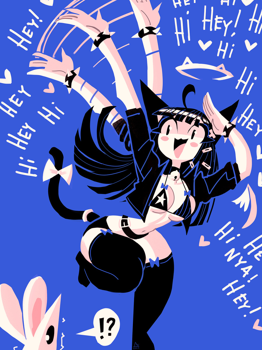 !? 1girl :3 andaerz animal_ears bell belt bikini blunt_bangs bracelet breasts cat_ears cat_girl cat_tail choker hair_ornament hairclip halo heart highres jacket jewelry jingle_bell limited_palette long_hair mouse open_clothes open_jacket open_mouth original ribbon smile solo spiked_bracelet spiked_choker spikes star_(symbol) swimsuit tail thigh-highs thigh_bow
