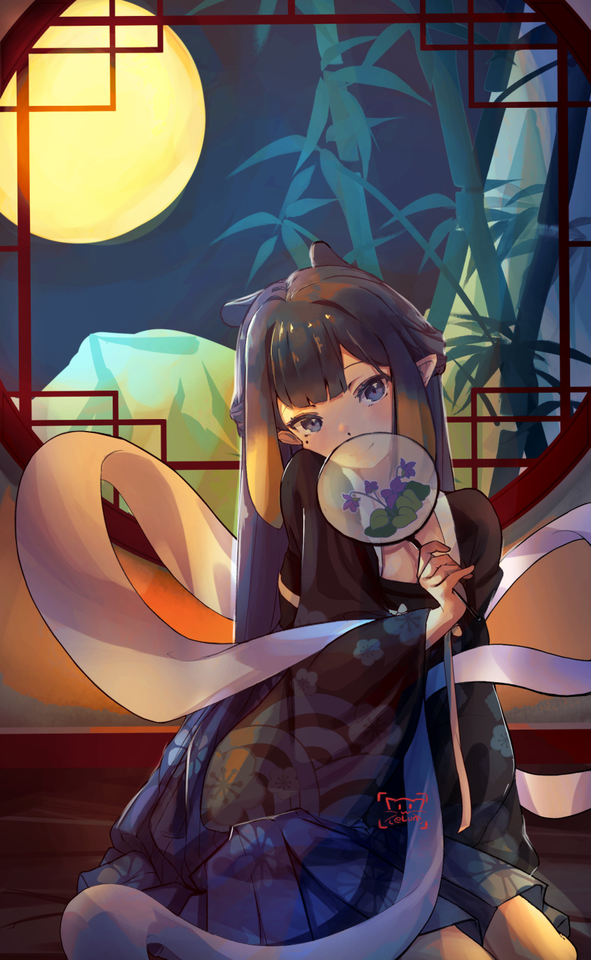 1girl animal_ears bamboo black_hair blue_eyes blunt_bangs center-flap_bangs chinese_clothes closed_mouth elun_(elun_00) english_commentary flat_chest full_body gradient_hair hagoromo hand_fan hanfu highres holding holding_fan hololive hololive_english indoors long_hair looking_at_viewer mole mole_under_eye moon_gate multicolored_hair ninomae_ina'nis orange_hair paper_fan parted_hair pointy_ears purple_hair shawl sidelocks sitting smile solo straight_hair tentacle_hair uchiwa very_long_hair virtual_youtuber window
