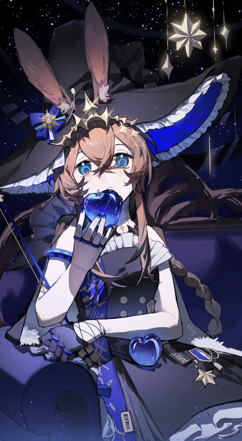 1girl absurdres ambience_synesthesia amiya_(arknights) animal_ear_fluff animal_ears arknights bare_shoulders black_dress black_gloves blue_apple blue_bow blue_nails bow bow_(music) braid brown_hair commentary_request couch cowboy_shot crystal_apple dress food frilled_headwear fruit gloves hand_up hat hat_bow highres holding holding_bow_(music) holding_food holding_fruit jewelry long_hair maorongxingqiu multiple_rings official_alternate_costume on_couch open_mouth rabbit_ears rabbit_girl ring single_glove sky sleeveless sleeveless_dress solo star_(sky) star_(symbol) starry_sky very_long_hair witch_hat