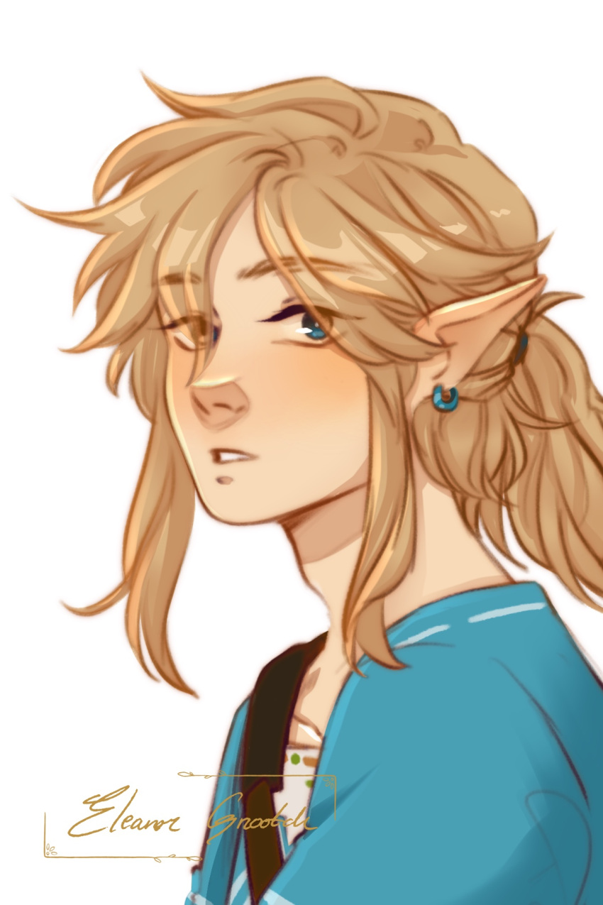 1boy artist_name blonde_hair blue_eyes blue_shirt close-up earrings eleanorgrootch english_commentary highres jewelry link looking_at_viewer male_focus parted_lips pointy_ears ponytail profile shirt sidelocks simple_background solo the_legend_of_zelda the_legend_of_zelda:_breath_of_the_wild upper_body white_background