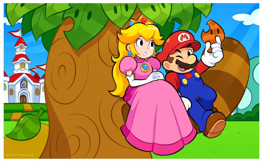 1boy 1girl blonde_hair blue_overalls blue_sky boots border brooch brown_footwear brown_hair clouds crown day dress earrings elbow_gloves facial_hair gloves grass hat highres jewelry leaf long_hair mario mustache one_eye_closed open_mouth outdoors outside_border overalls pink_dress princess_peach princess_peach's_castle puffy_short_sleeves puffy_sleeves red_hat red_shirt shirt short_hair short_sleeves sitting sky sphere_earrings super_leaf super_mario_3d_land super_mario_bros. tail_tree tree vinny_(dingitydingus) white_border white_gloves