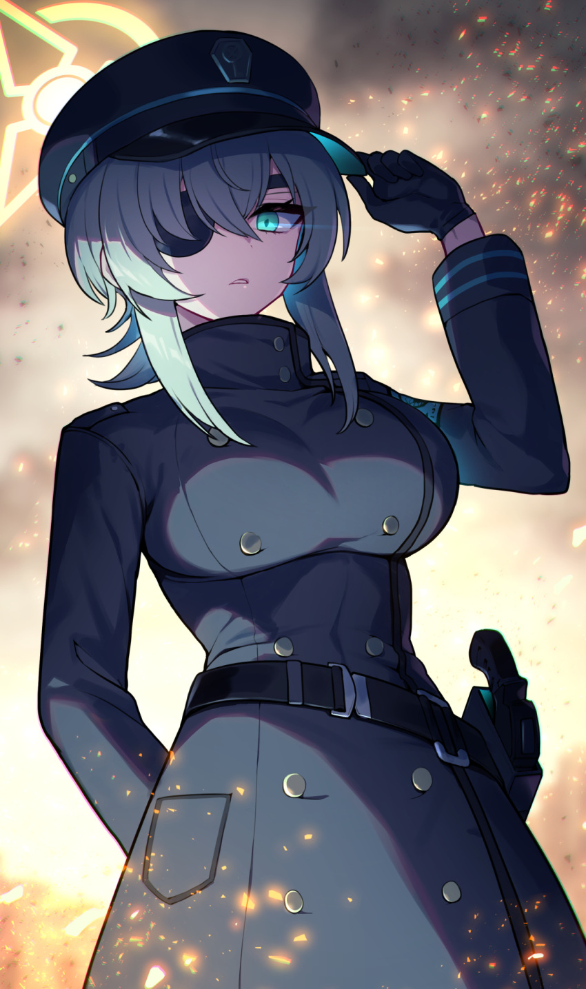 1girl black_coat black_gloves black_hat blue_archive breasts coat eyepatch gloves glowing glowing_eye green_eyes green_hair halo hat highres large_breasts long_sleeves matsumoto_tomoyohi medium_hair open_mouth peaked_cap solo suou_(blue_archive) yellow_halo