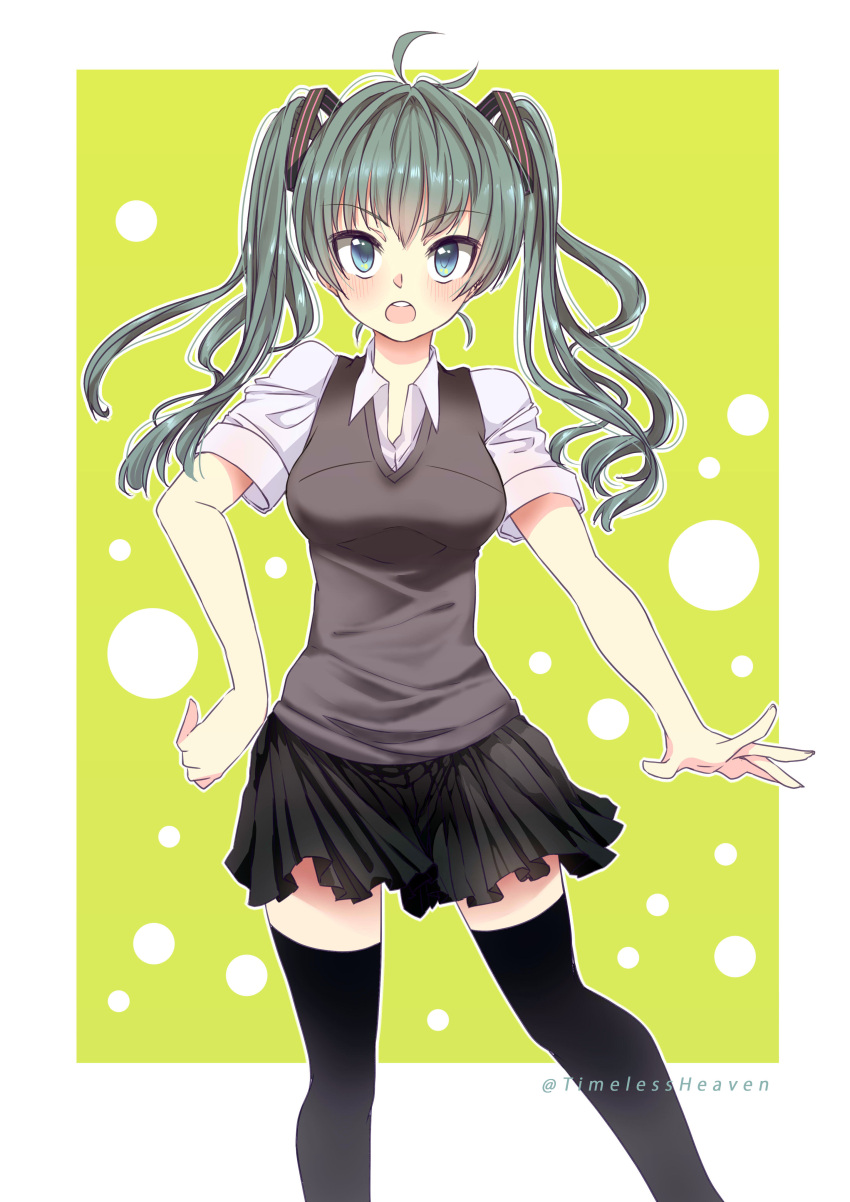 1girl :o absurdres ahoge alternate_costume aqua_eyes aqua_hair black_skirt black_thighhighs border circle collared_shirt green_background grey_vest hand_on_own_hip hatsune_miku highres inset_border light_blush long_hair looking_at_viewer open_mouth outline shirt skirt solo standing teeth thigh-highs timelessheaven twintails twitter_username upper_teeth_only vest vocaloid white_border white_outline white_shirt