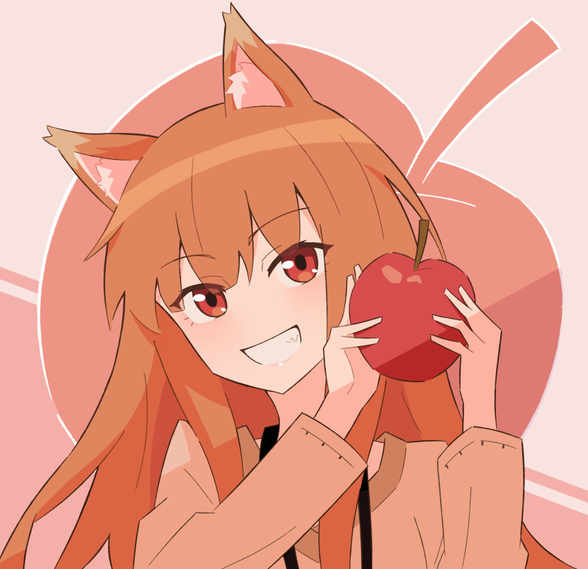 1girl absurdres animal_ear_fluff animal_ears apple apple_print blunt_bangs brown_hair brown_shirt close-up commentary eyes_visible_through_hair fang food fruit fuyuyakunn grin hands_up happy head_tilt highres holding holding_food holding_fruit holo long_hair long_sleeves looking_at_viewer pink_background red_apple red_eyes shirt simple_background smile solo spice_and_wolf wolf_ears wolf_girl
