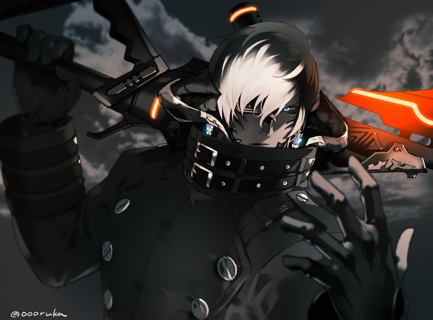 1boy artist_name au_ra black_background black_coat black_gloves black_hair blue_eyes closed_mouth clouds coat collared_coat colored_sclera colored_skin commentary_request earrings eyepatch final_fantasy final_fantasy_xiv gloves glowing glowing_eyes grey_sclera grey_skin gunbreaker_(final_fantasy) hands_up high_collar highres holding holding_weapon horns jewelry long_sleeves looking_at_viewer low_horns male_focus multicolored_hair oooruka_cr outdoors short_hair twitter_username two-tone_hair upper_body warrior_of_light_(ff14) weapon white_hair