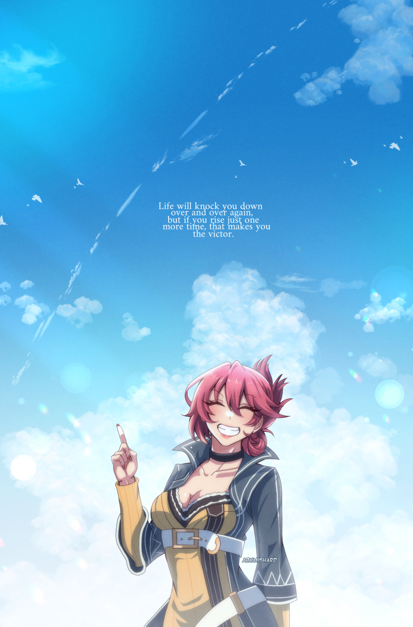 azumishard bird blue_sky blush breasts cleavage_cutout closed_eyes clothing_cutout clouds coat contrail double-parted_bangs eiyuu_densetsu english_commentary english_text grin hair_between_eyes highres large_breasts lipstick makeup pink_hair pointing pointing_up sara_valestein sen_no_kiseki sen_no_kiseki_iii sky smile