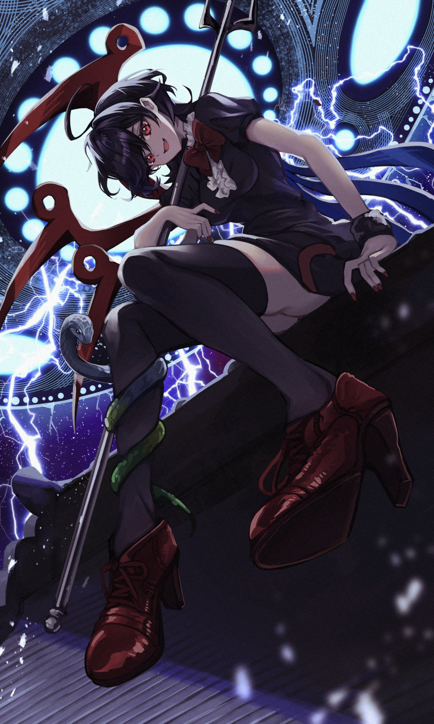 1girl :d absurdres asymmetrical_wings black_dress black_hair black_thighhighs black_wings commentary_request dress from_below high_heels highres houjuu_nue looking_at_viewer nue_day polearm red_eyes red_footwear red_wings shoe_soles short_dress short_hair sitting smile snake solo tadano1129 thigh-highs touhou trident weapon wings zettai_ryouiki