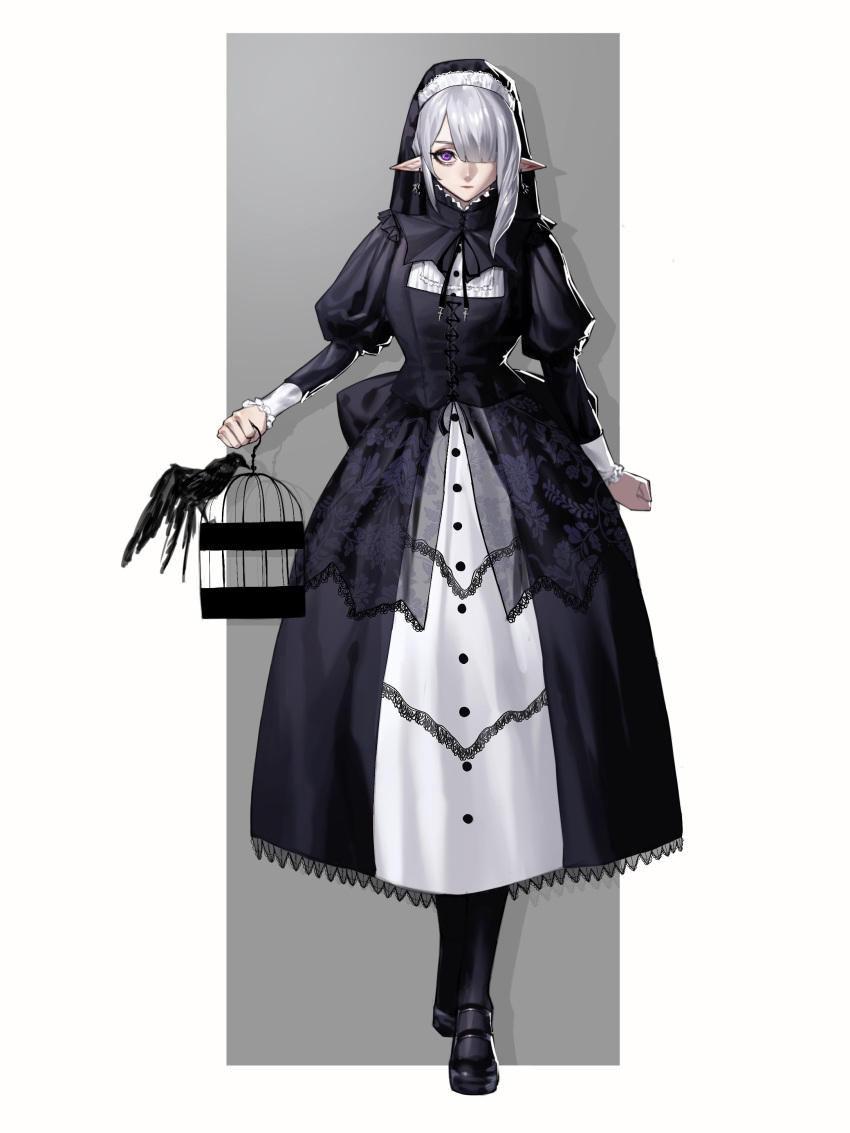 1girl absurdres bird black_bird black_dress cage closed_mouth dress earrings emo37337640 full_body hair_over_one_eye highres holding holding_cage jewelry long_sleeves looking_at_viewer original pointy_ears solo violet_eyes white_hair