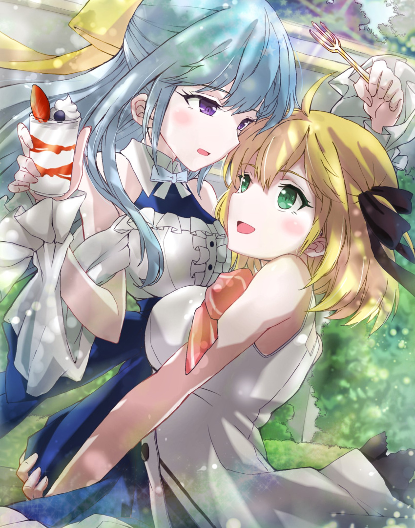 2girls ahoge anisphia_wynn_palettia bare_arms black_ribbon blonde_hair blue_hair blush bush carrying carrying_person commentary_request day dress euphyllia_magenta food fork green_eyes hair_ribbon highres holding holding_fork ice_cream light_particles long_hair looking_at_another medium_hair multiple_girls off-shoulder_dress off_shoulder open_mouth outdoors parted_lips qqwan120 ribbon sleeveless sleeveless_dress smile sundae tensei_oujo_to_tensai_reijou_no_mahou_kakumei violet_eyes white_dress yellow_ribbon yuri