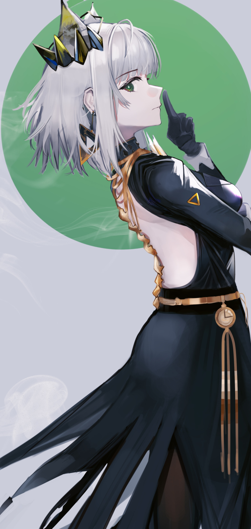 1girl absurdres arknights backless_dress backless_outfit black_dress black_gloves black_pantyhose blunt_bangs dress from_side gloves green_eyes grey_background grey_hair highres kal'tsit_(arknights) ligod looking_at_viewer looking_to_the_side medium_hair pantyhose profile solo