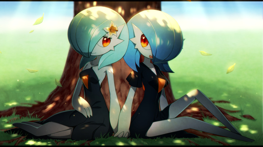 against_tree alternate_color blue_hair bob_cut colored_skin falling_petals gardevoir grass hair_over_one_eye holding_hands jewelry lotosu necklace on_grass open_mouth orange_eyes petals pokemon pokemon_(creature) shiny_pokemon smile tree tree_shade white_skin