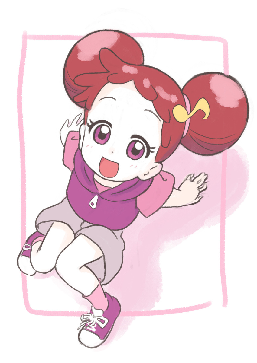 1girl :d absurdres arm_support commentary_request double_bun from_above full_body grey_shorts hair_bun hair_ornament harukaze_doremi highres hood hoodie knees_up looking_at_viewer musical_note musical_note_hair_ornament ojamajo_doremi open_mouth pink_shirt purple_hoodie redhead shirt shoes short_bangs short_hair short_sleeves shorts sitting smile sneakers solo tamura-chan violet_eyes white_background