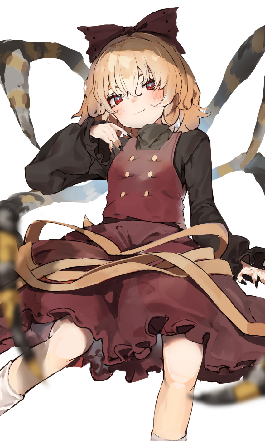 1girl arthropod_limbs black_nails blonde_hair bow brown_dress brown_eyes closed_mouth dress feet_out_of_frame hair_bow highres kurodani_yamame long_sleeves pocche-ex short_hair simple_background solo touhou white_background