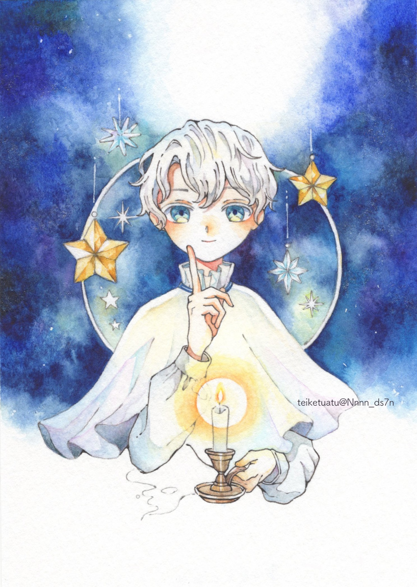 1boy artist_name blue_background blue_eyes candle capelet closed_mouth dixueya highres index_finger_raised long_sleeves looking_at_viewer male_focus original painting_(medium) shirt short_hair smile solo star_(symbol) traditional_media twitter_username upper_body watercolor_(medium) white_capelet white_hair white_shirt