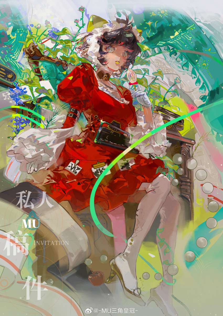 1girl abstract_background absurdres antique_phone arm_belt belt belt_buckle black_belt blue_eyes blue_flower bonnet bow brown_hair buckle candy character_request chinese_commentary commentary_request copyright_request dress flower food frilled_dress frilled_sleeves frills full_body gloves gold_footwear green_bow hair_bow high_heels highres holding holding_candy holding_food holding_lollipop juliet_sleeves leaf lipstick lollipop long_sleeves looking_at_viewer makeup muyihui name_tag pantyhose parted_lips puffy_sleeves red_bow red_dress red_sleeves short_dress short_hair sitting solo square_neckline swirl_lollipop violin_case watermark weibo_logo weibo_username white_gloves white_hat white_pantyhose wide_sleeves yellow_lips