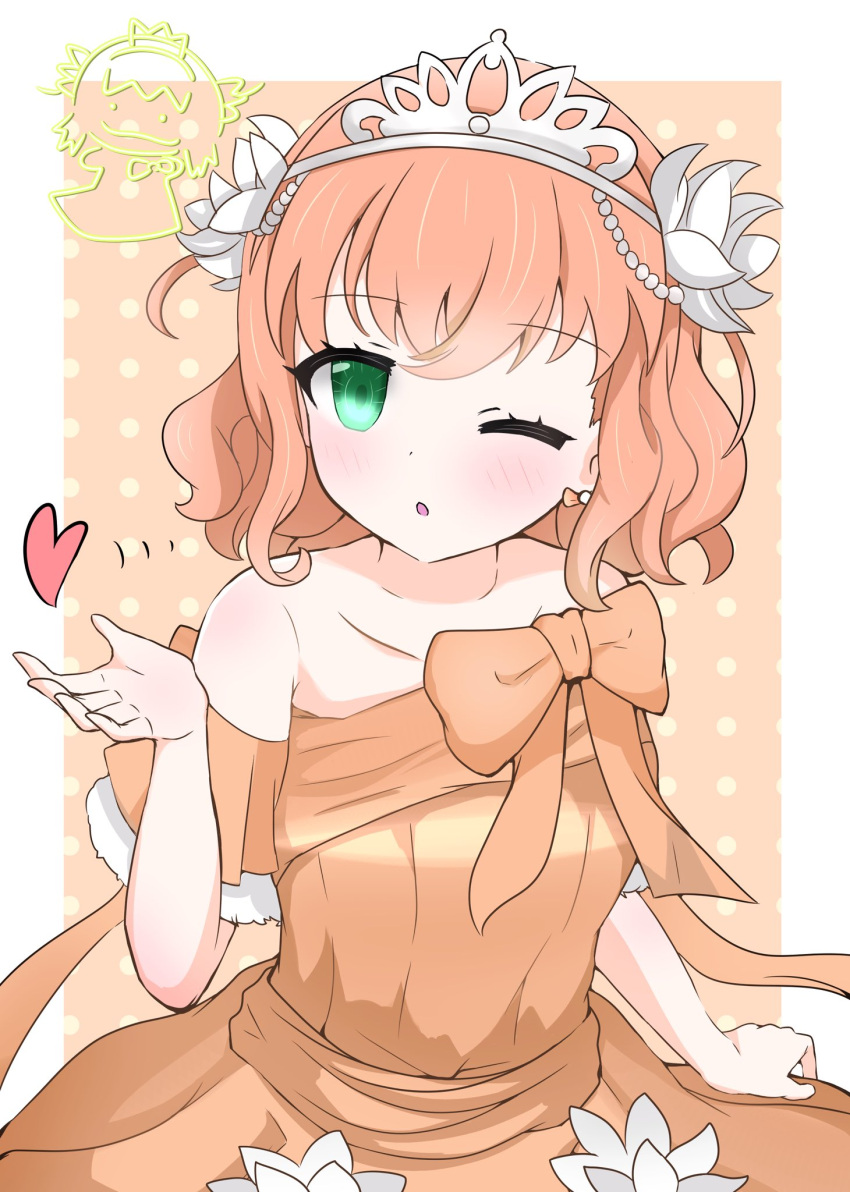 1girl ;o blowing_kiss blush bow bow_earrings brb9864 child's_drawing collarbone commentary crossed_bangs doodle_inset dress dress_bow dress_flower earrings flower green_eyes hair_flower hair_ornament heart highres hinoshita_kaho jewelry kiseki_no_budoukai_(103rd)_(love_live!) link!_like!_love_live! looking_at_viewer love_live! medium_hair motion_lines off-shoulder_dress off_shoulder one_eye_closed orange_background orange_bow orange_dress orange_hair short_sleeves solo tiara two_side_up upper_body virtual_youtuber wavy_hair white_flower white_tiara