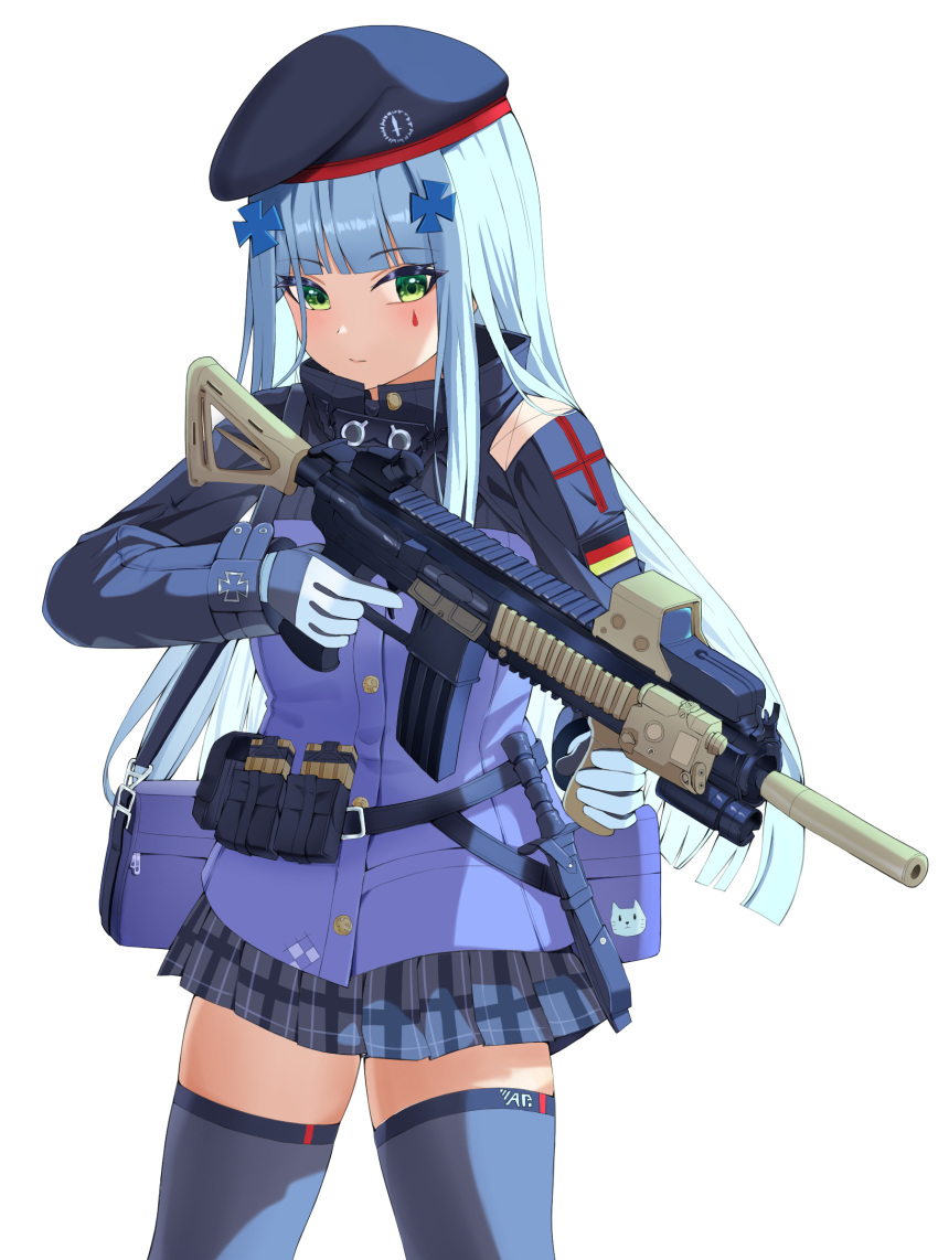 1girl bag bang255025 beret blue_hair blue_skirt blue_thighhighs blunt_bangs closed_mouth commentary cropped_legs girls_frontline gloves green_eyes gun hat highres hk416_(girls'_frontline) holding holding_gun holding_weapon long_hair long_sleeves magazine_(weapon) shoulder_bag simple_background skirt solo standing submachine_gun thigh-highs weapon white_background