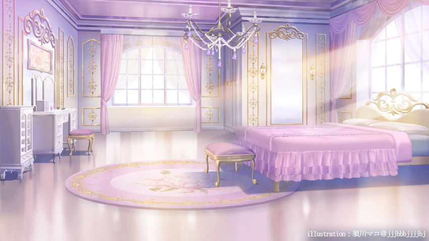 artist_name bed bedroom blanket cabinet chandelier cosmetics curtains day highres himeno_aimu indie_virtual_youtuber indoors muntins no_humans official_art painting_(object) pillow rug scenery stool sugawa_mako sunlight table vanity_table wall_lamp window