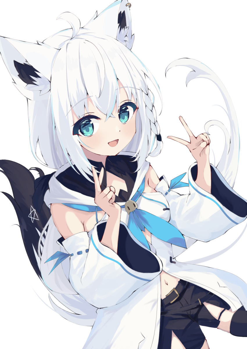 1girl :d animal_ear_fluff animal_ears aqua_eyes bare_shoulders black_shorts blue_neckerchief blush braid commentary cowboy_shot crossed_bangs detached_sleeves double_v fox_ears fox_girl fox_tail hair_between_eyes hands_up happy highres hololive long_hair long_sleeves looking_at_viewer natsuki_(natsu_1936) navel neckerchief open_mouth ribbon-trimmed_sleeves ribbon_trim shirakami_fubuki shirt shorts simple_background single_braid sleeveless sleeveless_shirt smile solo tail tail_raised v virtual_youtuber white_background white_hair white_shirt wide_sleeves