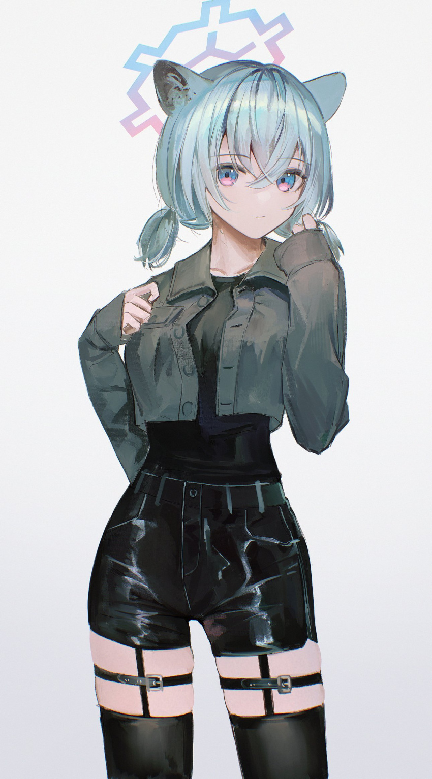 1girl animal_ears black_shirt black_shorts black_thighhighs blue_archive blue_halo breasts closed_mouth collarbone cowboy_shot flippy_(cripine111) gradient_background green_hair grey_jacket hair_between_eyes halo highres jacket long_sleeves looking_at_viewer medium_breasts open_clothes open_jacket shigure_(blue_archive) shirt short_twintails shorts solo thigh-highs twintails violet_eyes weasel_ears