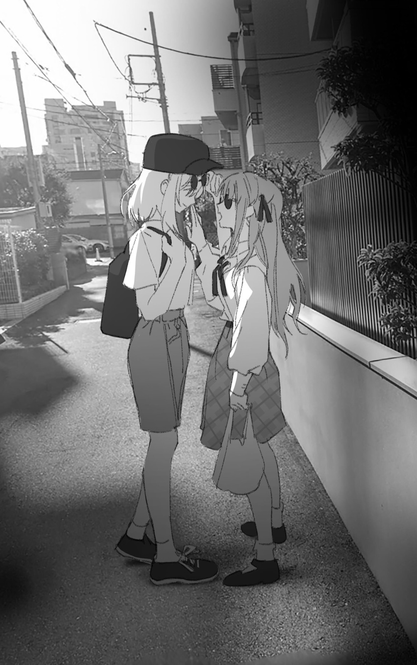 2girls absurdres adjusting_eyewear backpack bag bang_dream! bang_dream!_it's_mygo!!!!! baseball_cap building bush car commentary_request commission day fence finger_to_another's_mouth full_body greyscale hair_ribbon hat highres holding holding_bag long_hair long_sleeves looking_at_another medium_hair misumi_uika monochrome motor_vehicle multiple_girls outdoors photo_background power_lines rain_(onepearblow) ribbon shoes shopping_bag short_sleeves simple_background smile sneakers sunglasses togawa_sakiko utility_pole yuri