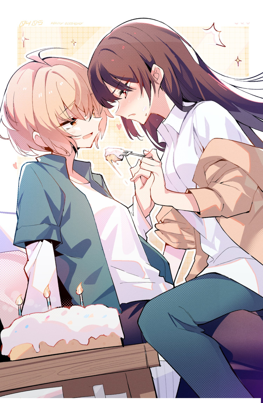 2girls ahoge birthday_cake black_hair blue_jacket blue_pants blush breasts brown_eyes brown_hair brown_jacket cake closed_mouth collared_shirt commentary dated feeding food fork happy_birthday heart highres jacket koito_yuu layered_sleeves long_hair long_sleeves looking_at_another multiple_girls nanami_touko off_shoulder open_mouth outline pants shirt short_over_long_sleeves short_sleeves sidelocks sitting sitting_on_lap sitting_on_person small_breasts sparkle sweatdrop symbol-only_commentary white_outline white_shirt yagate_kimi_ni_naru yuri zhanzhangzlw