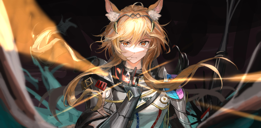 1girl absurdres ahoge aiguillette animal_ear_fluff animal_ears arknights armor blonde_hair closed_mouth floating_hair frown hand_up highres horse_ears kasumi_yuzuha looking_at_viewer magic nearl_(arknights) nearl_the_radiant_knight_(arknights) orange_eyes pauldrons shoulder_armor solo two-tone_gloves vambraces