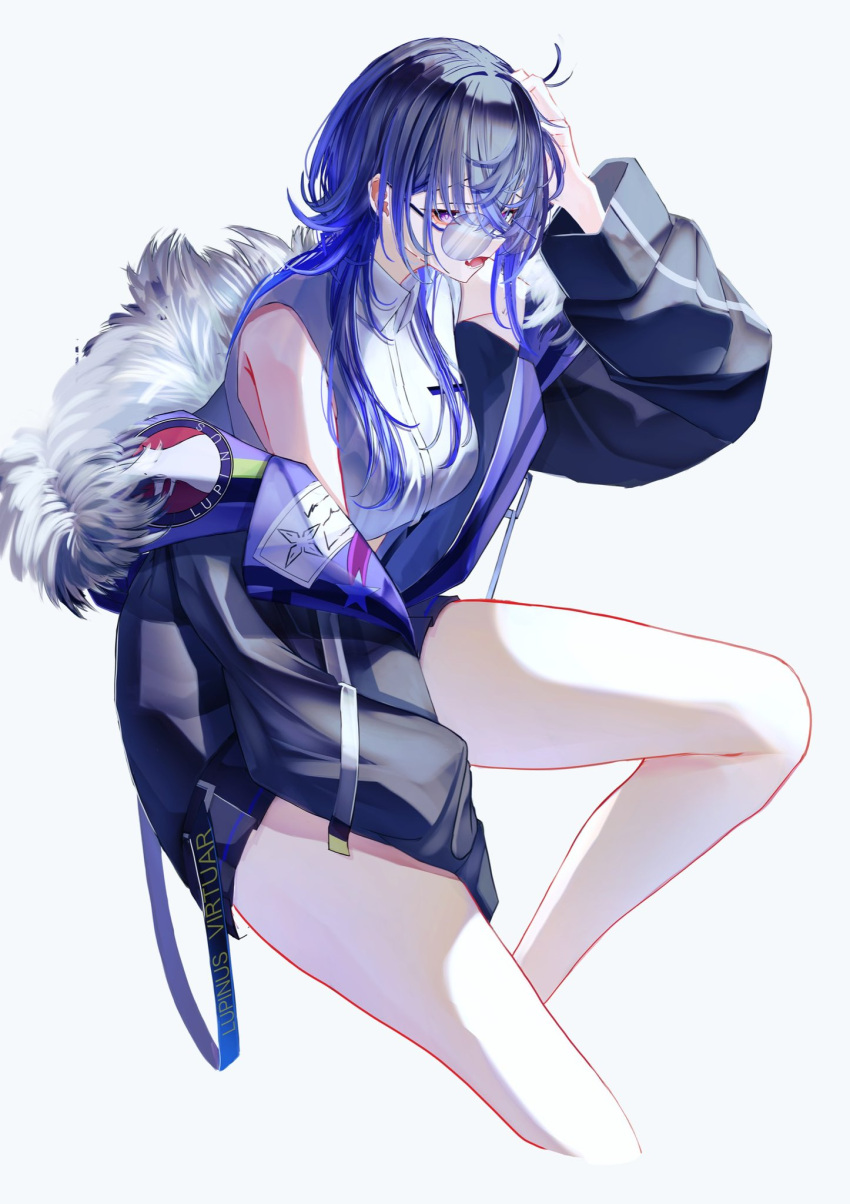 1girl black_hair black_jacket blue_hair from_side fur-trimmed_jacket fur_trim glasses grey_background hand_on_own_head highres ichinose_uruha jacket legs long_hair looking_at_viewer lupinus_virtual_games minto_(minto_rururu) multicolored_hair open_clothes open_jacket open_mouth shirt simple_background sleeveless sleeveless_shirt solo thighs violet_eyes virtual_youtuber vspo! white_shirt