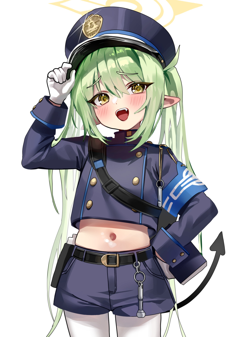 1girl absurdres black_hat black_shirt black_shorts black_tail blue_archive blush cowboy_shot demon_tail fang gloves green_hair green_halo halo hat highlander_twintails_conductor_(blue_archive) highres long_hair long_sleeves navel open_mouth pantyhose peaked_cap pointy_ears shirt shorts simple_background smile solo tail twintails white_background white_gloves white_pantyhose yellow_eyes yerim