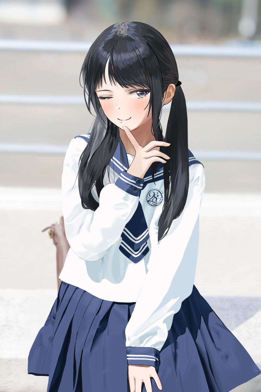 1girl ;) absurdres alternate_costume black_hair blue_skirt blurry blurry_background blush commentary finger_to_own_chin highres idolmaster idolmaster_shiny_colors kazano_hiori long_hair long_sleeves looking_at_viewer mole mole_under_mouth one_eye_closed outdoors pdal_(pdalhhh) school_uniform serafuku shirt sidelocks skirt smile solo twintails white_shirt