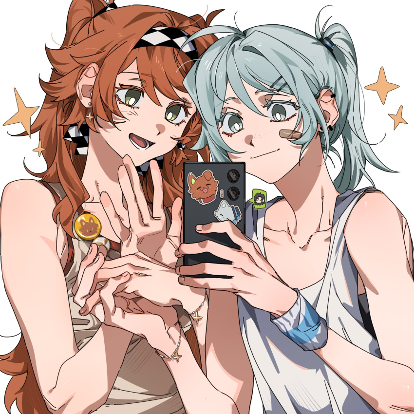 2girls alternate_hairstyle bandaid bandaid_on_face bare_arms bracelet bright_pupils cellphone checkered_hairband closed_mouth commentary ear_piercing earrings freckles green_eyes grey_eyes grey_hair grey_tank_top hair_ornament hairclip highres holding_hands interlocked_fingers jewelry long_hair molu_stranger multiple_girls open_mouth orange_hair phone piercing ponytail reverse:1999 selfie simple_background smartphone smile sonetto_(reverse:1999) star_(symbol) star_earrings tank_top two_side_up upper_body vertin_(reverse:1999) waving white_background white_pupils white_tank_top wristband yuri z_(reverse:1999)