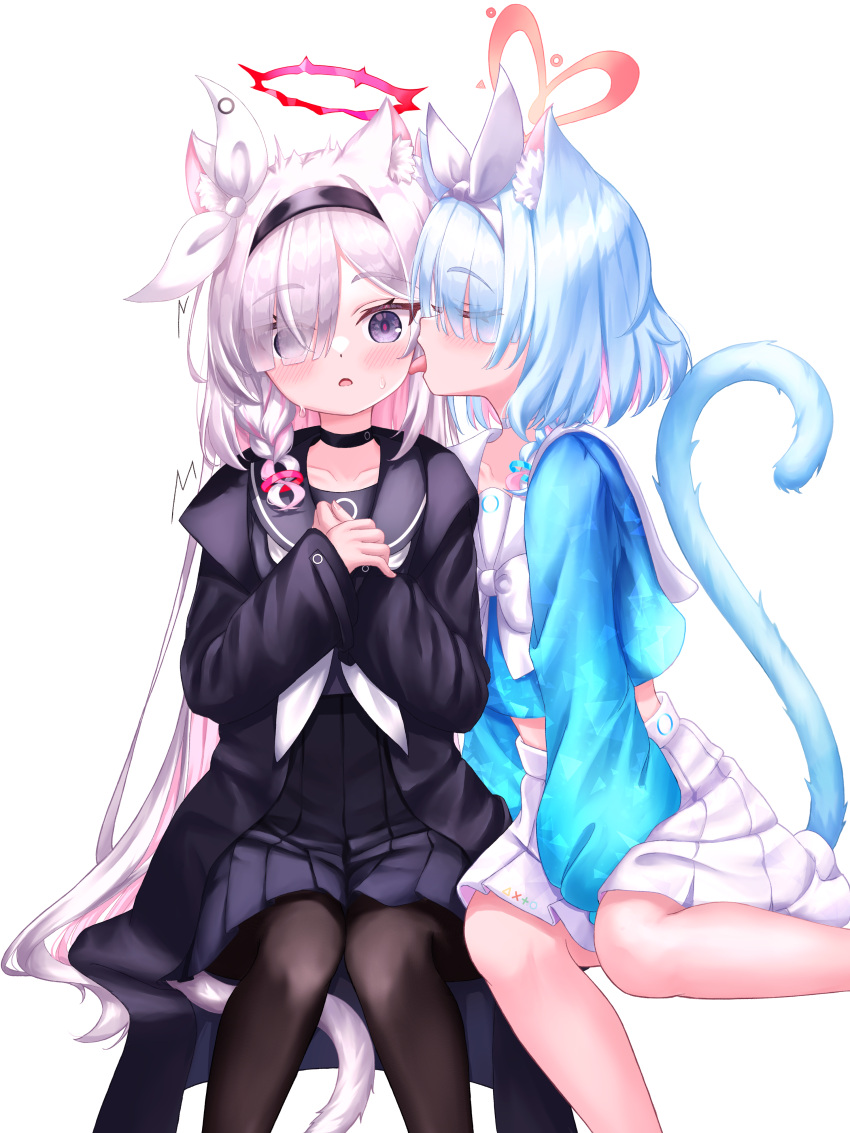 2girls absurdres animal_ear_fluff animal_ears arona_(blue_archive) black_eyes black_headband black_sailor_collar black_shirt black_skirt blue_archive blue_hair blue_shirt blush cat_ears cat_tail closed_eyes colored_inner_hair grey_hair hair_over_one_eye halo headband heart_halo highres kuma_piv licking licking_another's_cheek licking_another's_face long_hair multicolored_hair multiple_girls open_mouth pink_hair plana_(blue_archive) red_halo sailor_collar shirt short_hair skirt tail tongue tongue_out white_background white_headband white_sailor_collar white_skirt yuri