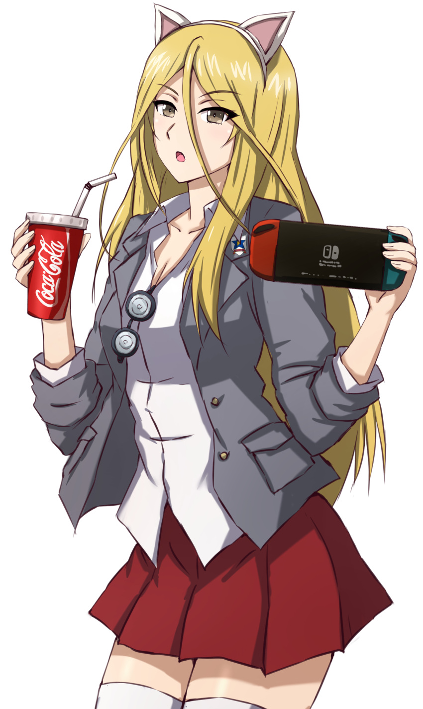 1girl absurdres animal_ears black-framed_eyewear blazer blonde_hair blouse brown_eyes cat_ears coca-cola coke-bottle_glasses collared_shirt commentary cosplay cowboy_shot cup disposable_cup dress_shirt drinking_straw emblem fake_animal_ears girls_und_panzer glasses grey_jacket hair_between_eyes handheld_game_console highres holding holding_cup holding_handheld_game_console jacket kay_(girls_und_panzer) kay_(girls_und_panzer)_(cosplay) long_hair long_sleeves looking_at_viewer miniskirt nekonyaa_(girls_und_panzer) nintendo_switch no_necktie omachi_(slabco) open_clothes open_jacket open_mouth partially_unbuttoned pleated_skirt red_skirt round_eyewear saunders_(emblem) saunders_school_uniform school_uniform shirt simple_background skirt sleeves_rolled_up solo standing thigh-highs unworn_eyewear white_background white_shirt white_thighhighs wing_collar
