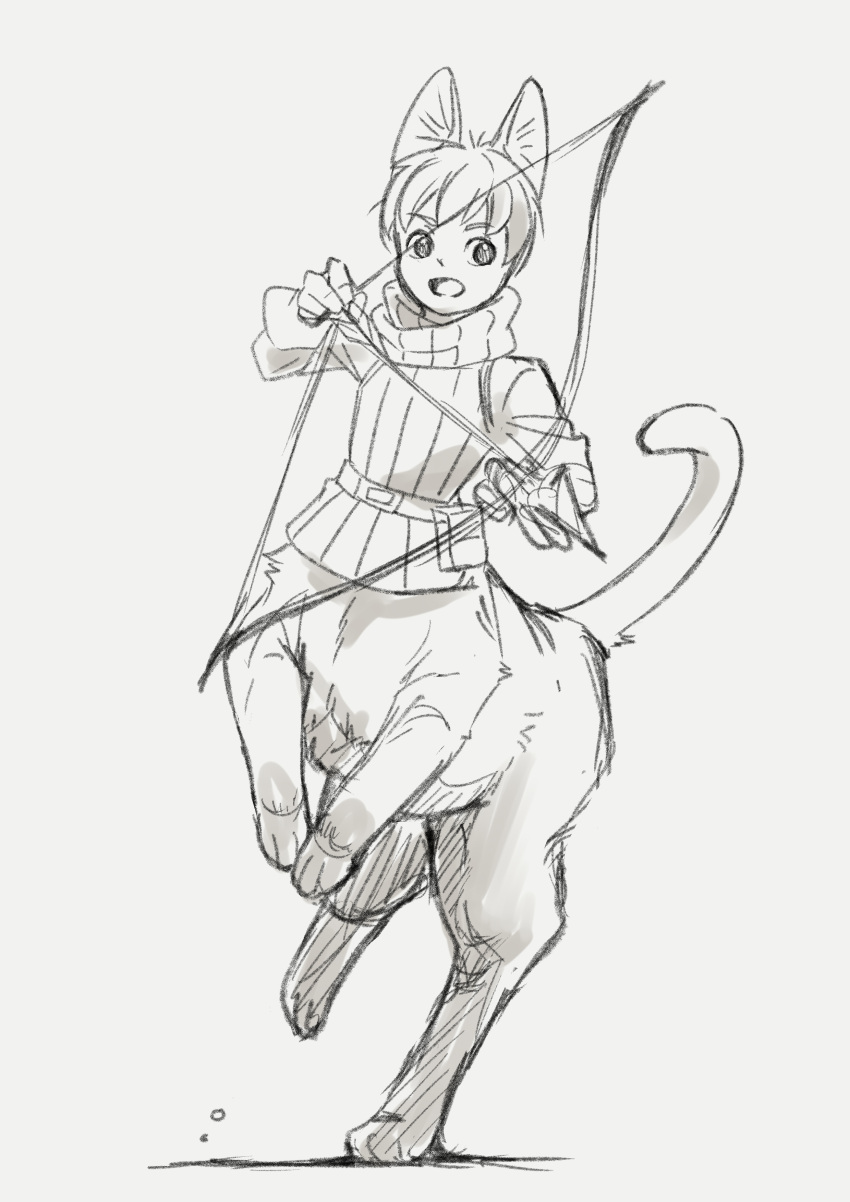 1boy absurdres aiming animal_ear_fluff animal_ears armor belt belt_pouch bow_(weapon) cat_boy cat_ears cat_tail centauroid chilchuck_tims commentary_request dungeon_meshi full_body hair_between_eyes highres holding holding_bow_(weapon) holding_weapon leather_armor long_sleeves mado_cat02 monochrome monster_boy monsterification multiple_legs open_mouth pouch rearing scarf short_hair solo standing tail taur weapon