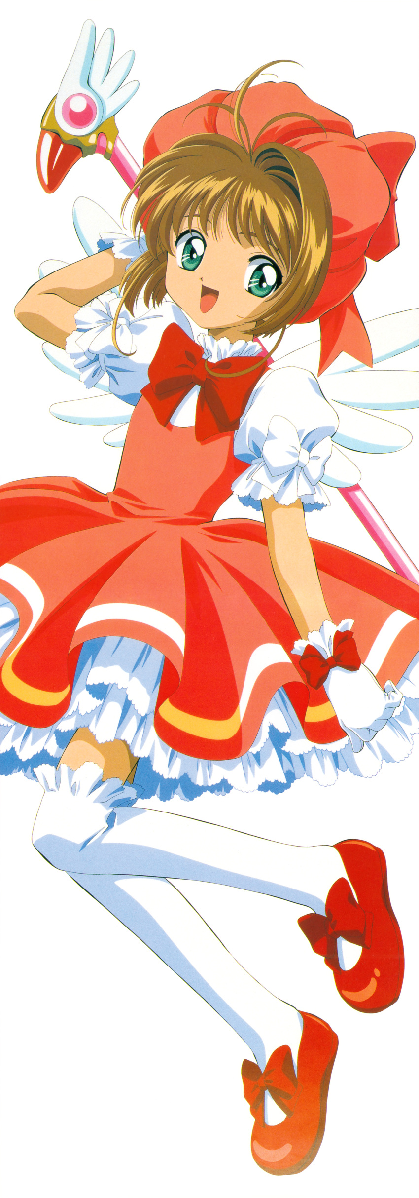 1girl absurdres bow brown_hair cardcaptor_sakura child happy highres holding holding_wand kinomoto_sakura magical_girl messy_hair official_art red_bow red_footwear short_hair simple_background solo wand white_background wings