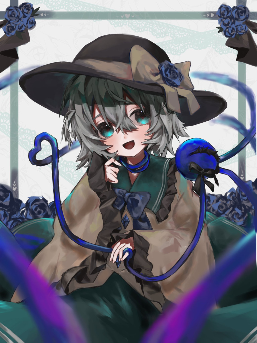 1girl black_hat blue_bow blue_bowtie blue_flower blue_rose bow bowtie buttons commentary diamond_button eyeball flower frilled_shirt_collar frilled_sleeves frills green_eyes green_hair green_skirt hat hat_bow hat_flower heart heart_of_string highres komeiji_koishi long_sleeves looking_at_viewer miyuf_1 open_mouth rose shirt short_hair skirt smile solo third_eye touhou wide_sleeves yellow_bow yellow_shirt