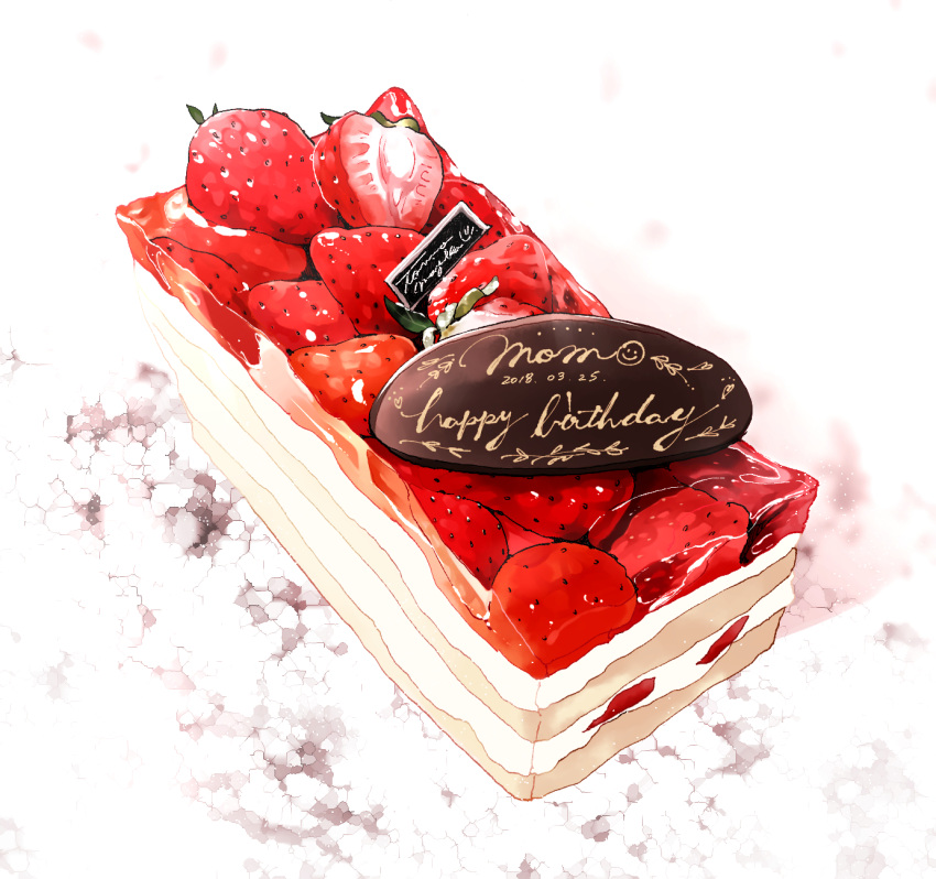cake cake_slice food food_focus fruit happy_birthday highres no_humans original strawberry strawberry_shortcake tomma_mayuka