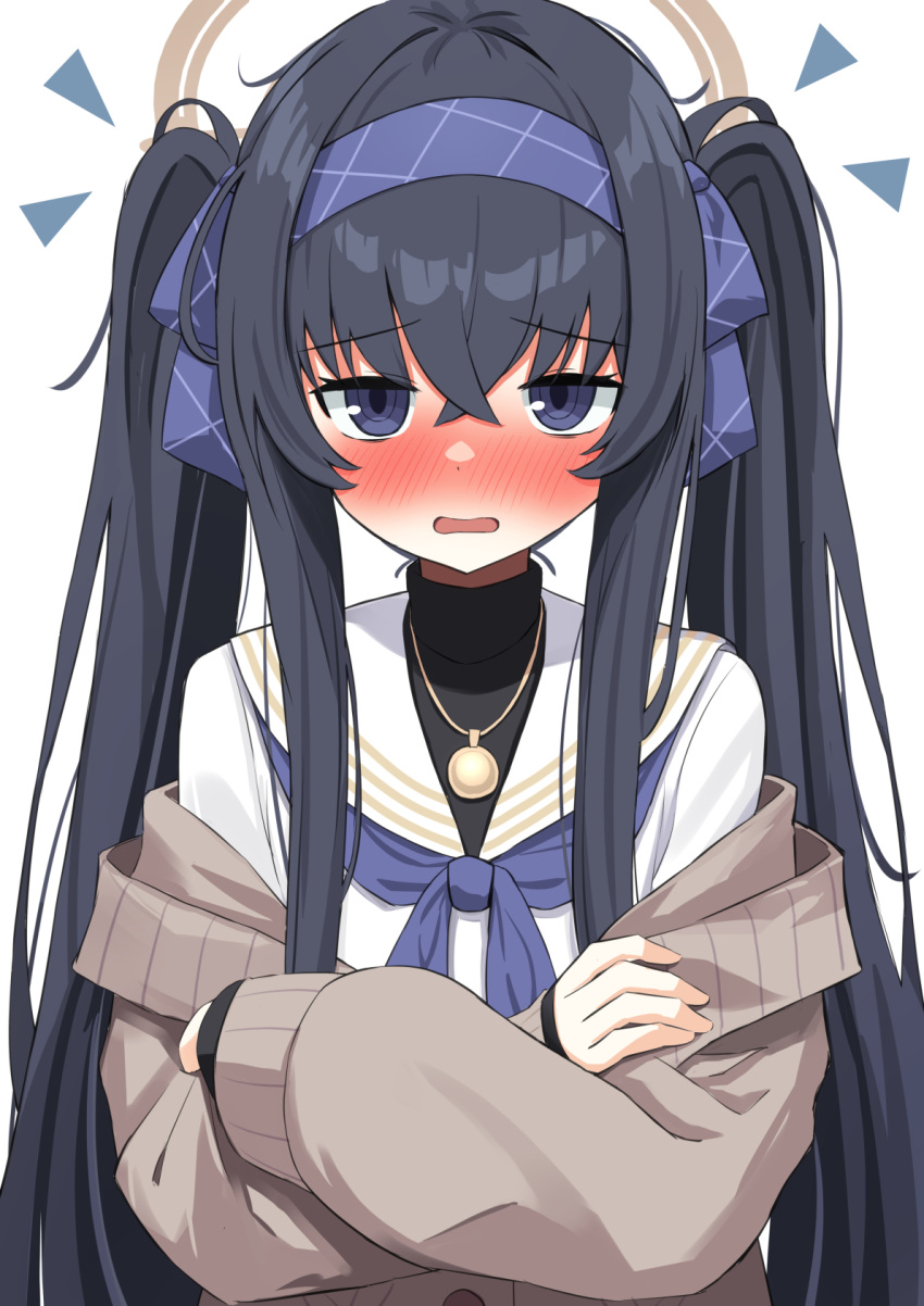 1girl alternate_hairstyle amenocchi black_hair blue_archive blue_hairband blue_neckerchief blue_ribbon blush brown_cardigan cardigan commentary_request crossed_arms crossed_bangs embarrassed eyes_visible_through_hair full-face_blush hair_between_eyes hair_ribbon hairband halo highres long_hair looking_at_viewer neckerchief nose_blush notice_lines open_mouth ribbon sailor_collar school_uniform serafuku sidelocks simple_background solo straight-on straight_hair tsurime twintails ui_(blue_archive) upper_body very_long_hair wavy_mouth white_background white_sailor_collar yellow_halo