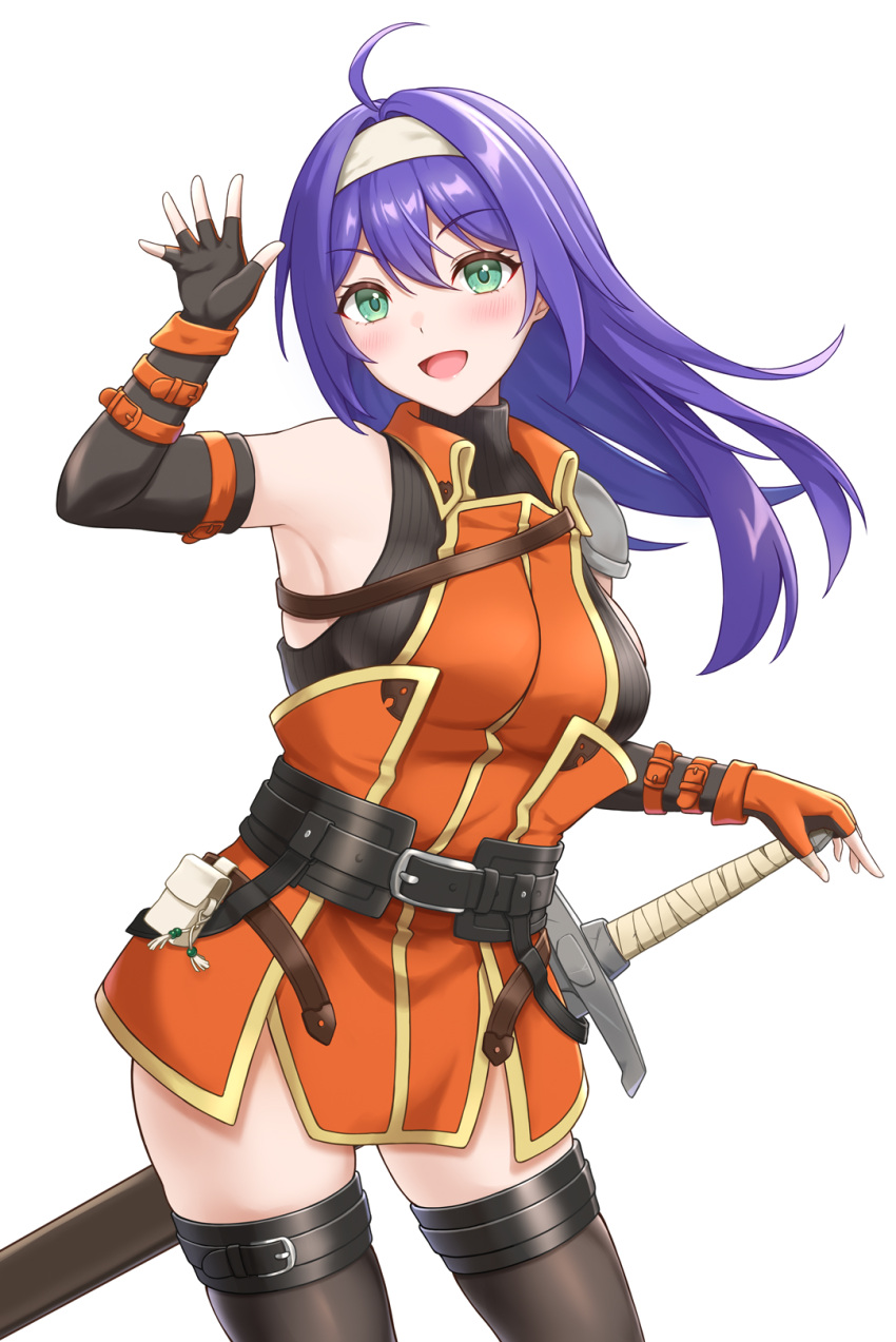 1girl :d ahoge armpits bare_shoulders belt blush breasts cowboy_shot dress fingerless_gloves fire_emblem fire_emblem:_path_of_radiance fire_emblem:_radiant_dawn fire_emblem_heroes gloves green_eyes hairband hand_on_hilt hand_up headband highres large_breasts long_hair looking_at_viewer mia_(fire_emblem) open_mouth purple_hair sheath sheathed simple_background sleeveless sleeveless_dress smile solo sword takaneko thigh-highs weapon white_background white_hairband zettai_ryouiki