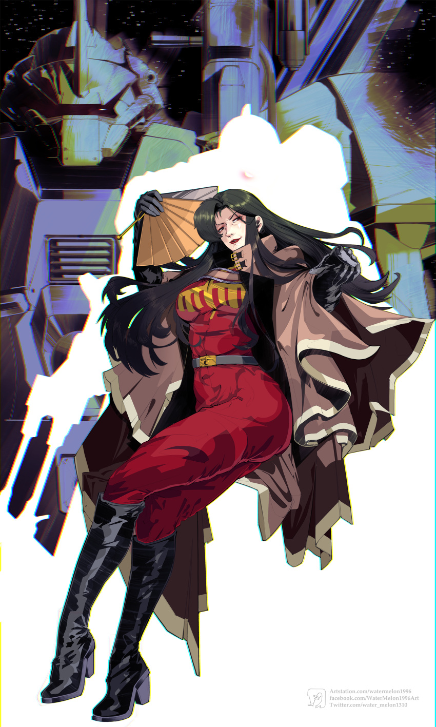 1980s_(style) absurdres beam_rifle breasts curvy energy_gun glowing glowing_eyes gundam highres long_hair mature_female mecha military military_uniform military_vehicle mobile_suit one-eyed retro_artstyle robot science_fiction soldier uniform weapon zeon