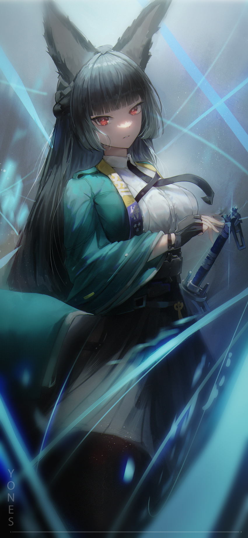 1girl absurdres animal_ears aqua_jacket artist_name black_hair black_necktie black_skirt blunt_bangs breasts bright_pupils collared_shirt cowboy_shot fox_ears half_updo high-waist_skirt highres holding holding_sword holding_weapon hoshimi_miyabi jacket large_breasts long_skirt looking_at_viewer necktie open_clothes open_jacket parted_lips red_eyes shade sheath sheathed shirt side_slit sidelocks skirt solo standing sword weapon white_pupils white_shirt wide_sleeves yonesdraws zenless_zone_zero