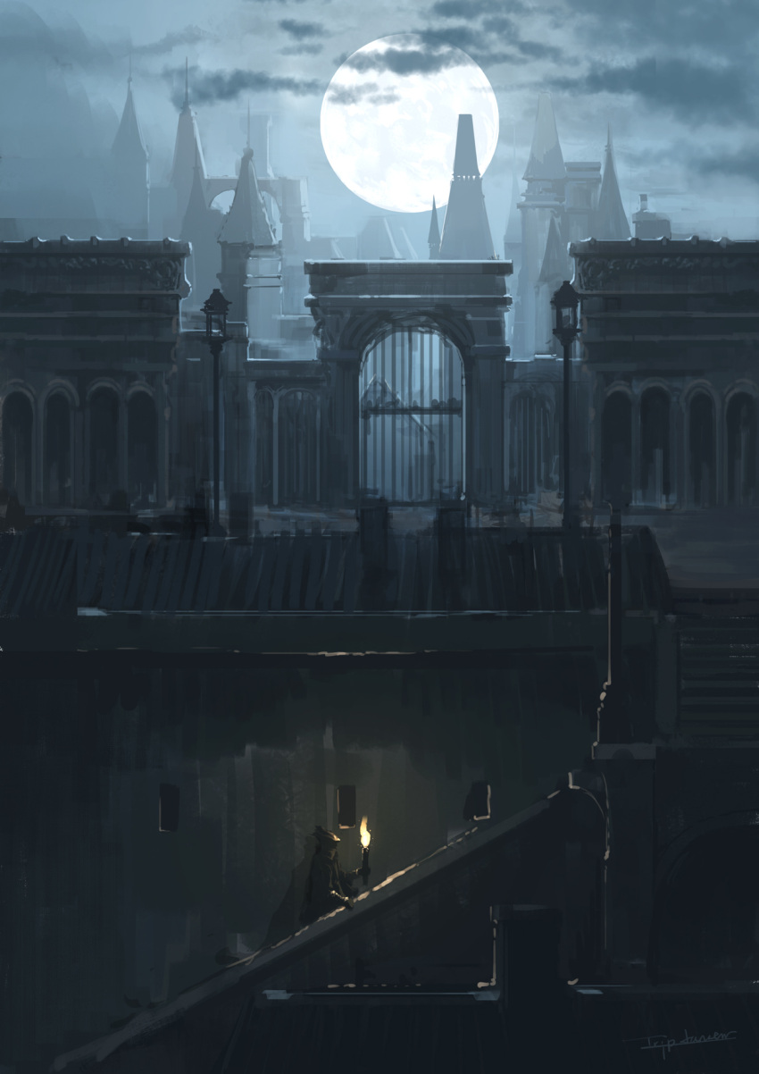 1other ambiguous_gender arch artist_name bloodborne building clouds commentary door full_moon highres holding holding_torch hunter_(bloodborne) lamppost moon night scenery signature stairs torch tripdancer walking yharnam