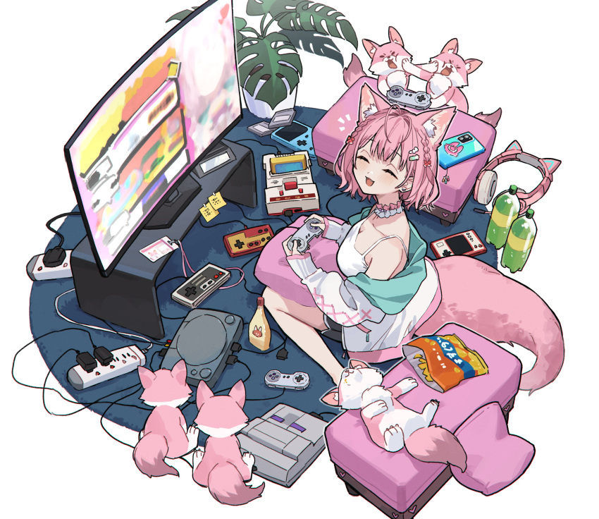 1girl :3 :d absurdres alternate_costume animal_ear_fluff animal_ear_headphones animal_ears antenna_hair black_shorts braid camisole cellphone chips_(food) choker closed_eyes commentary_request controller coyote cross-laced_clothes cross-laced_sleeves dolphin_shorts fake_animal_ears famicom fang food frilled_choker frills from_above game_cartridge game_console game_controller hair_ornament hairclip hakui_koyori hakui_koyori_(summer) handheld_game_console headphones highres holding holding_controller holding_game_controller hololive hood hooded_jacket jacket kokoro_(hakui_koyori) lanyard long_sleeves looking_up mascot mayonnaise nes_gamepad off_shoulder official_alternate_hairstyle phone pink_hair plant playstation_1 potato_chips potted_plant power_strip rug short_hair short_shorts shorts side_braids sitting sleeves_past_wrists smartphone smile soda_bottle solo sticky_note super_nintendo tail television tsukino_(nakajimaseiki) twin_braids two-sided_fabric two-sided_jacket virtual_youtuber wariza white_background white_camisole white_choker white_jacket wolf_ears wolf_girl wolf_tail