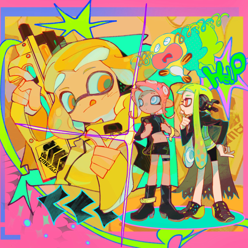 3girls :q agent_3_(splatoon) agent_4_(splatoon) agent_8_(splatoon) anklet arm_up backpack bag bike_shorts black_background black_cape black_footwear black_headphones black_shirt black_shorts black_skirt blonde_hair blue_sclera boots cape champagnetree closed_mouth colored_sclera crop_top dot_mouth dot_nose english_text green_hair hand_on_own_chin hand_on_own_hip headphones hero_shot_(splatoon_2) high-visibility_vest high_heel_boots high_heels highres holding holding_weapon inkling inkling_girl inkling_player_character jacket jewelry long_hair looking_at_another medium_hair midriff miniskirt multiple_girls navel octoling octoling_girl octoling_player_character orange_eyes pointing redhead shirt shorts single_sleeve skirt sparkle splatoon_(series) splatoon_2 standing stroking_own_chin suction_cups tentacle_hair tongue tongue_out torn_cape torn_clothes twintails very_long_hair weapon white_eyes wristband yellow_jacket zapfish