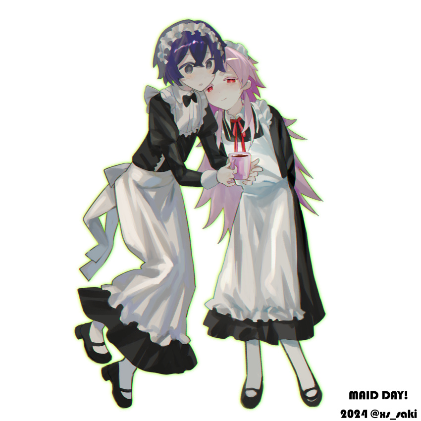 2boys absurdres alternate_costume apron black_bow black_bowtie black_dress black_footwear blue_hair bow bowtie chinese_commentary closed_mouth collared_dress colored_eyelashes commentary_request crossdressing cup dress enmaided full_body grey_eyes hair_between_eyes hatsutori_hajime highres holding holding_cup long_dress long_hair maid maid_apron maid_day maid_headdress male_focus male_maid mary_janes multiple_boys neck_ribbon open_mouth pantyhose pink_hair puffy_sleeves red_eyes red_ribbon ribbon saibou_shinkyoku saki_(sakixiaose) shoes short_hair simple_background smile utsugi_noriyuki white_apron white_background white_pantyhose