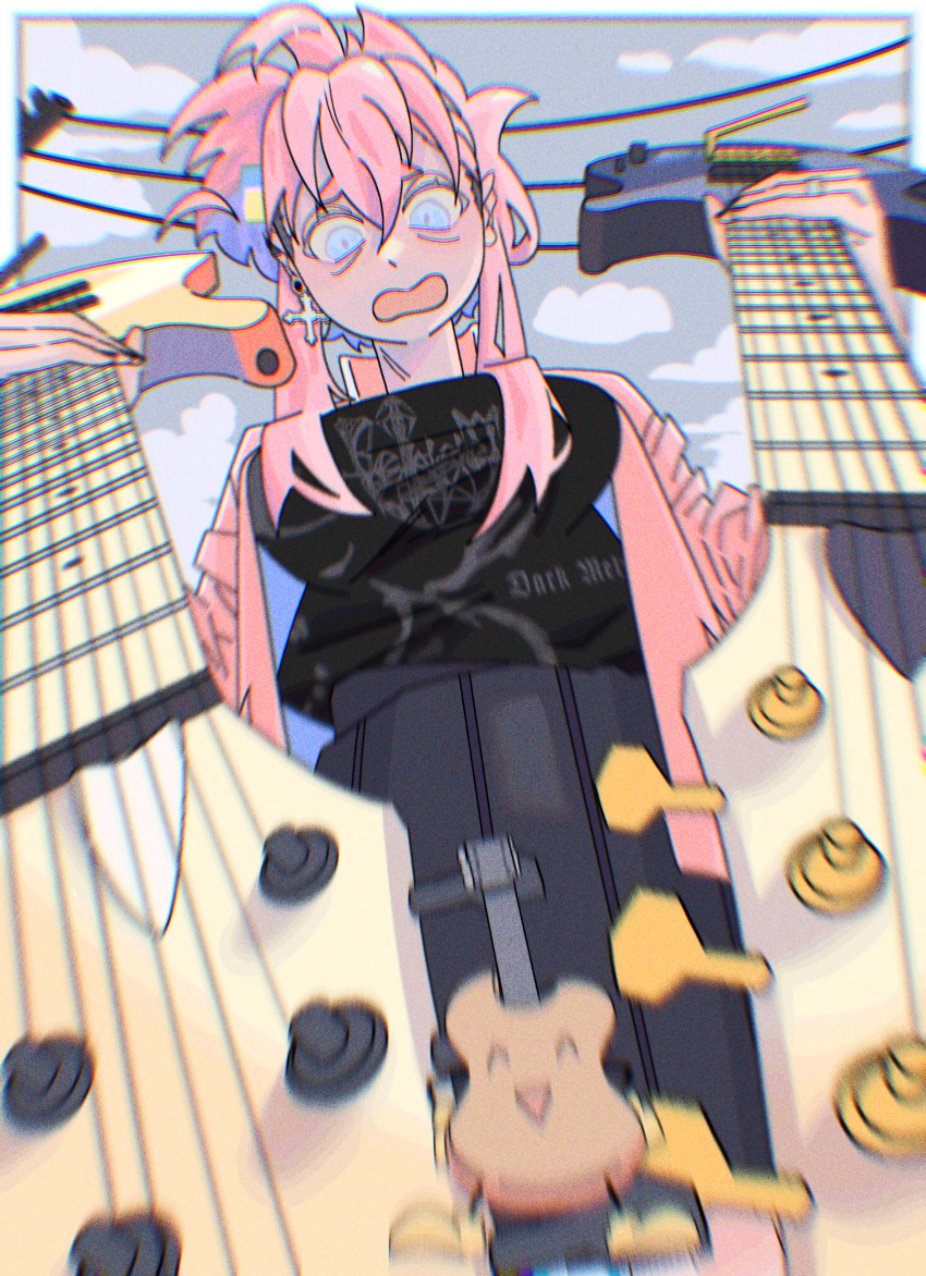 1girl absurdres black_shirt blue_eyes blurry bocchi_the_rock! clouds commentary_request earrings electric_guitar feet_out_of_frame from_below gitao gotoh_hitori grey_skirt guitar guitar_hero highres holding holding_guitar holding_instrument instrument irreligiositat jacket jewelry long_hair looking_down open_clothes open_jacket open_mouth outdoors overcast pink_hair pink_jacket pleated_skirt power_lines shirt skirt sky standing whammy_bar